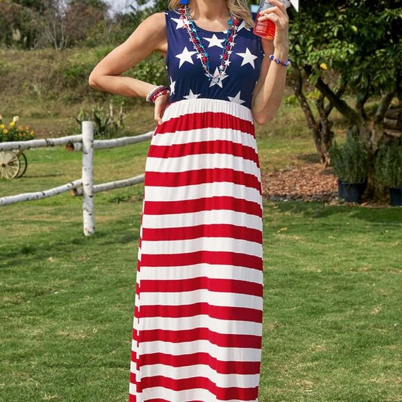 Womens American Flag Maxi Dress Sleeveless 4th of July Patriotic Summer - Picture 6 of 6